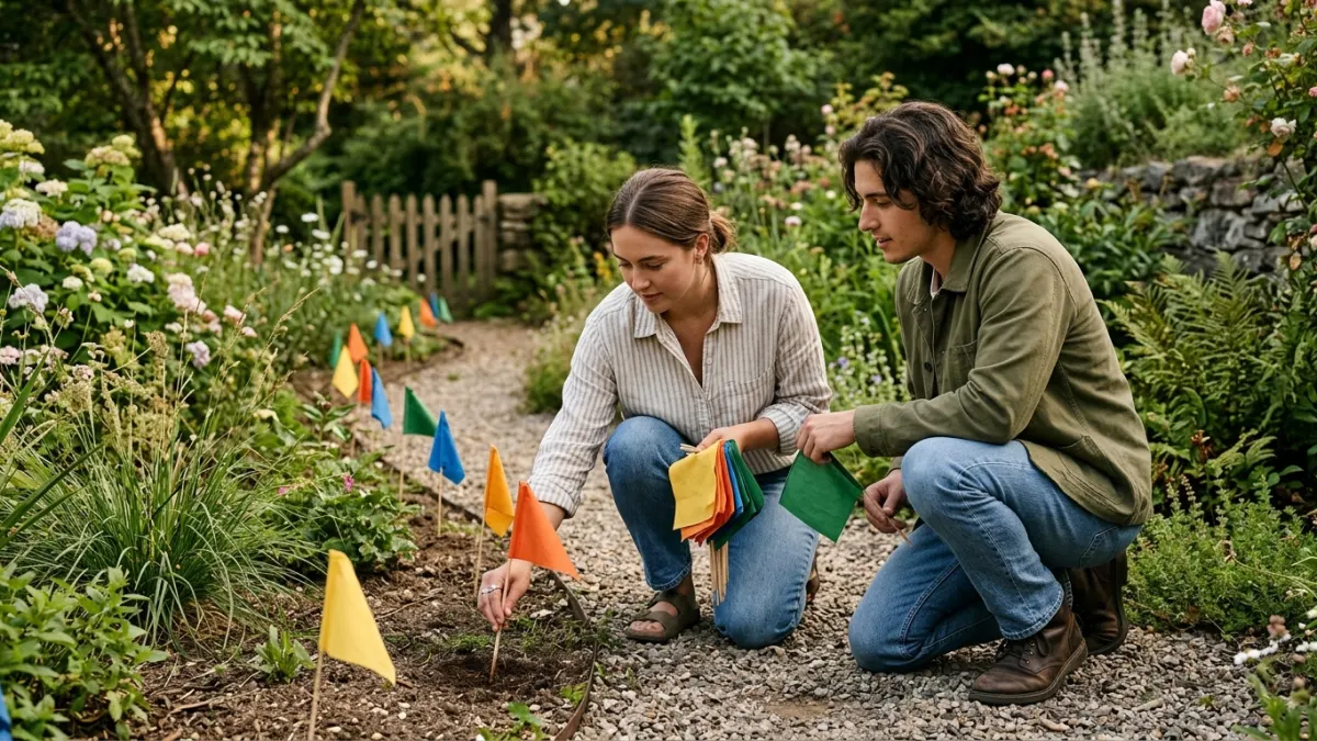 Two creators place garden flags to compare free AI prompt generator outcomes outdoors.