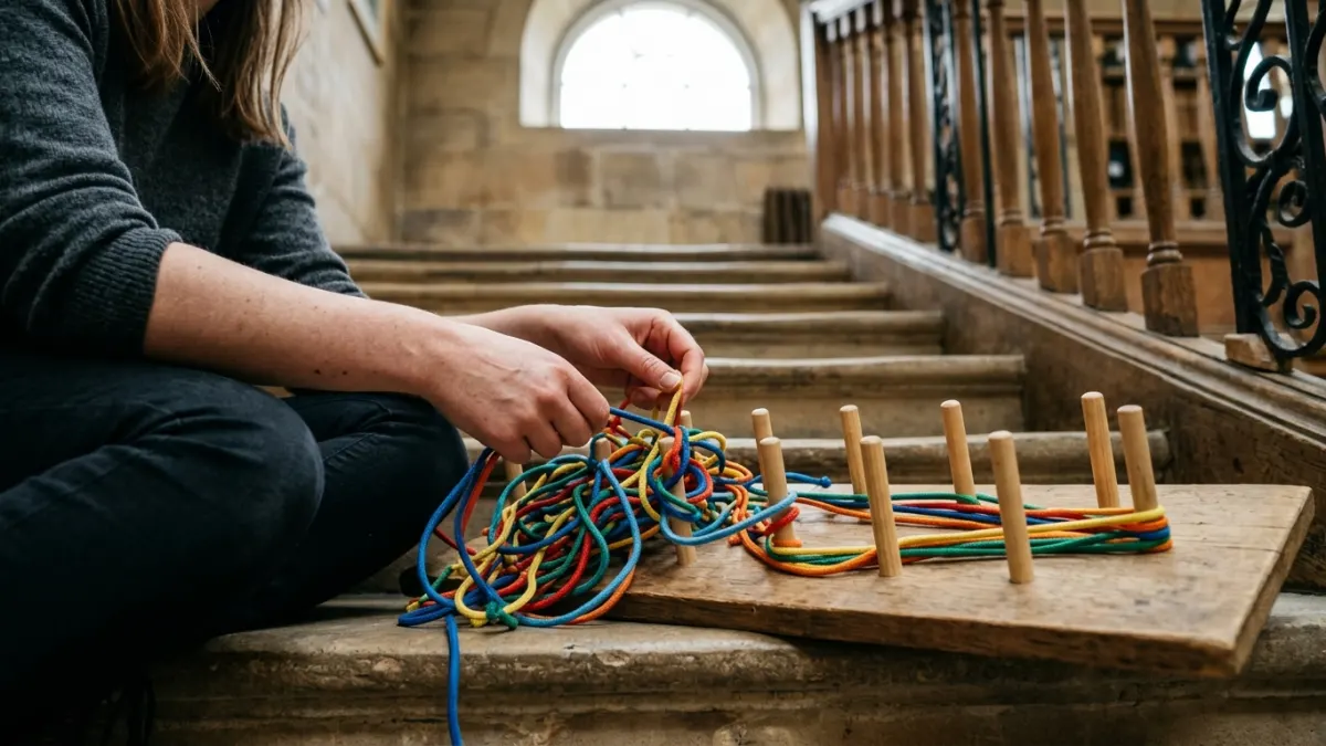 Student untangles colored cords to frame a free AI prompt generator problem in a library.