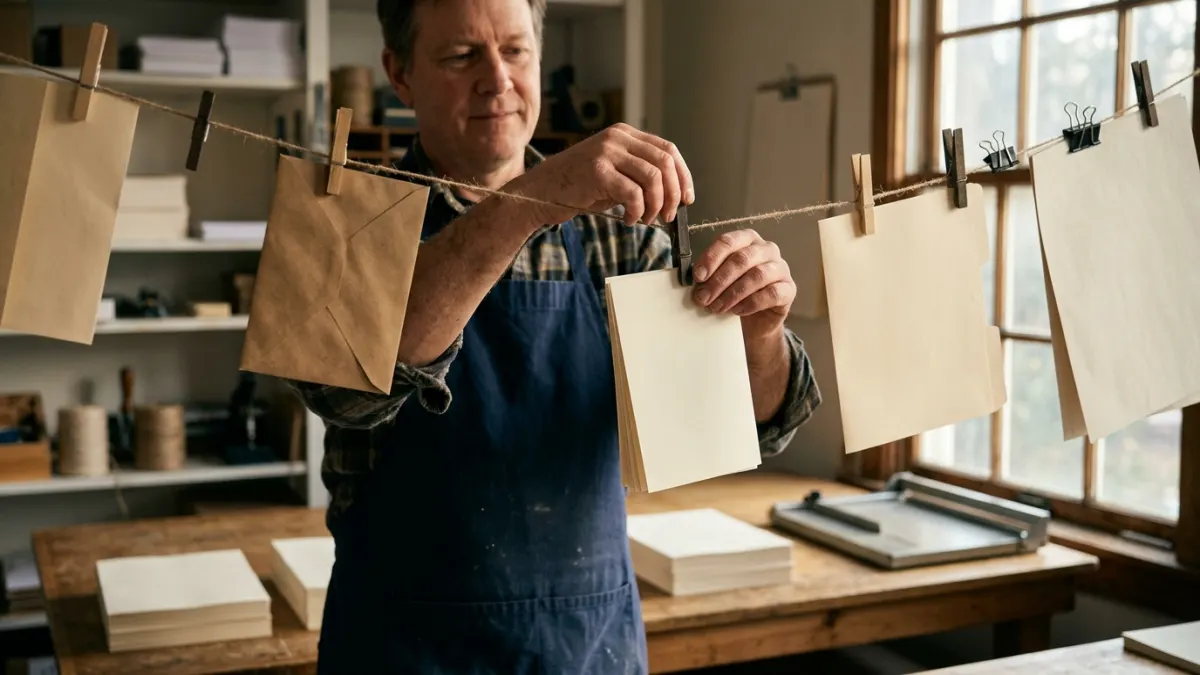 Print-shop volunteer clips blank pages while checking a DOCX to Markdown workflow.