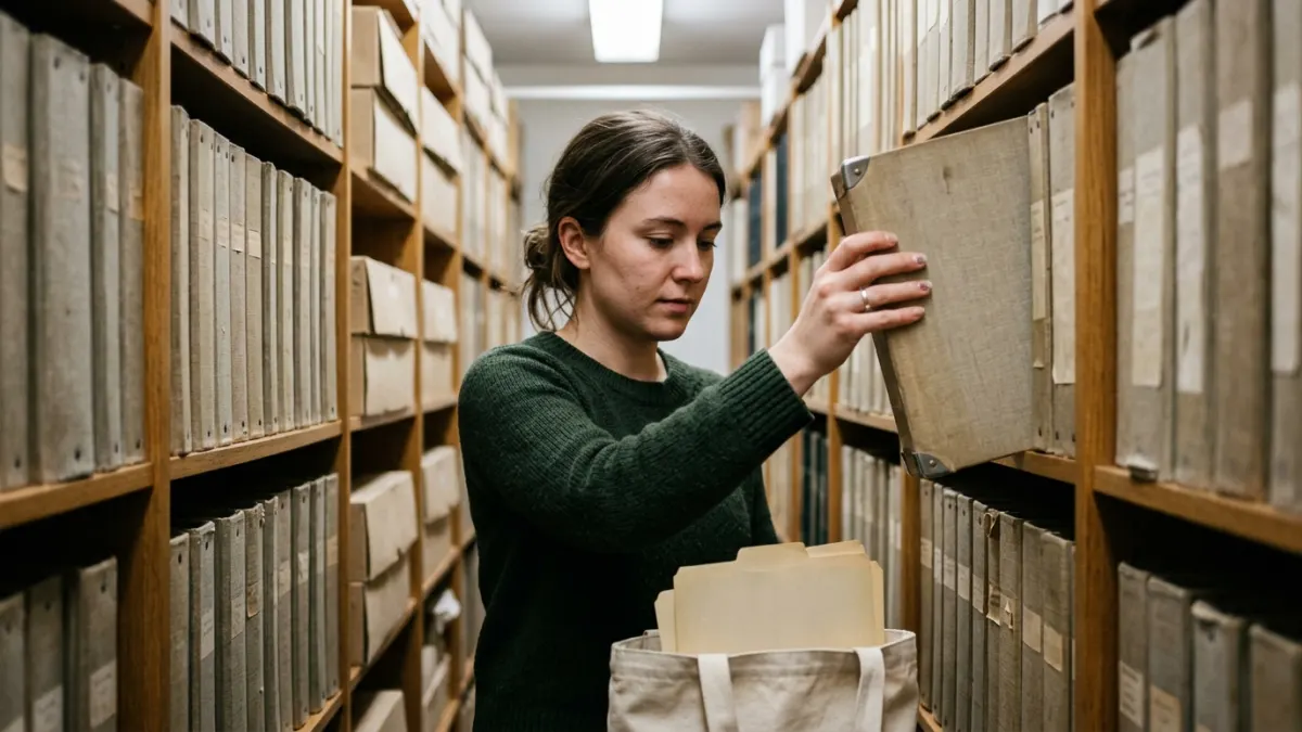 Archivist pulls a plain binder from shelves before a DOCX to Markdown cleanup.