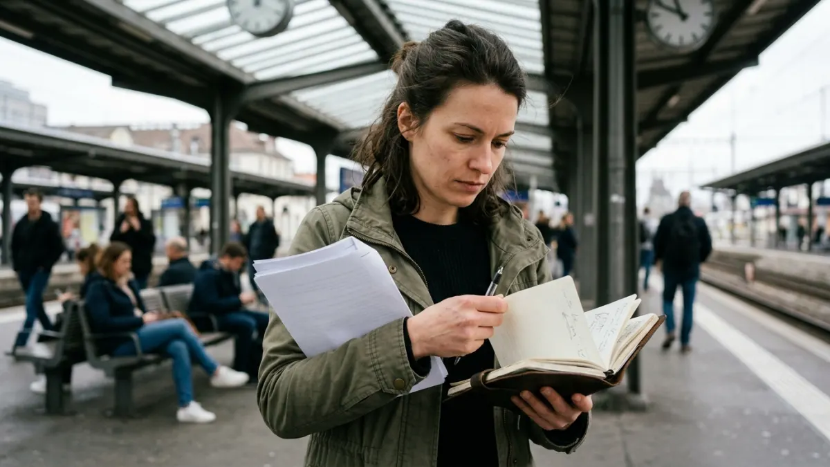 Writer checks page order for Google Docs to Markdown cleanup while waiting on a train platform.