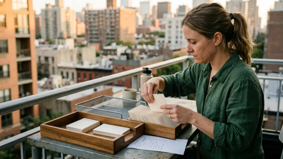 Publisher sorts finished cards after Google Docs to Markdown cleanup on a city balcony.