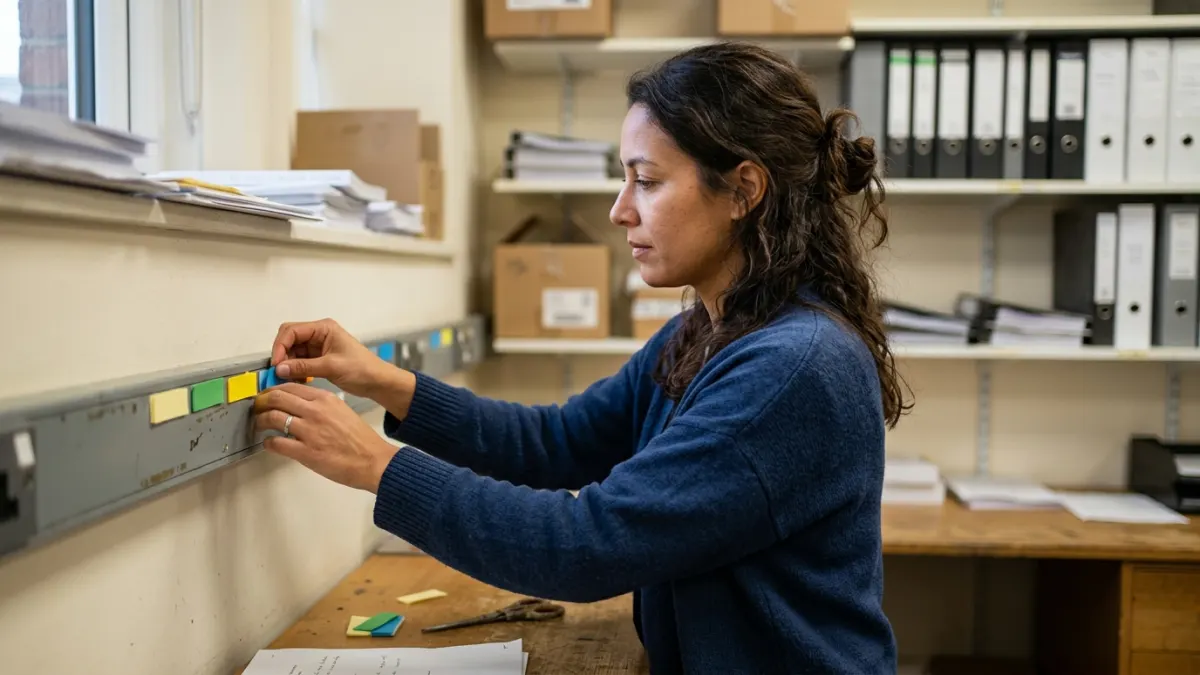 Coordinator places color tabs for Google Docs to Markdown workflow steps in a print room.