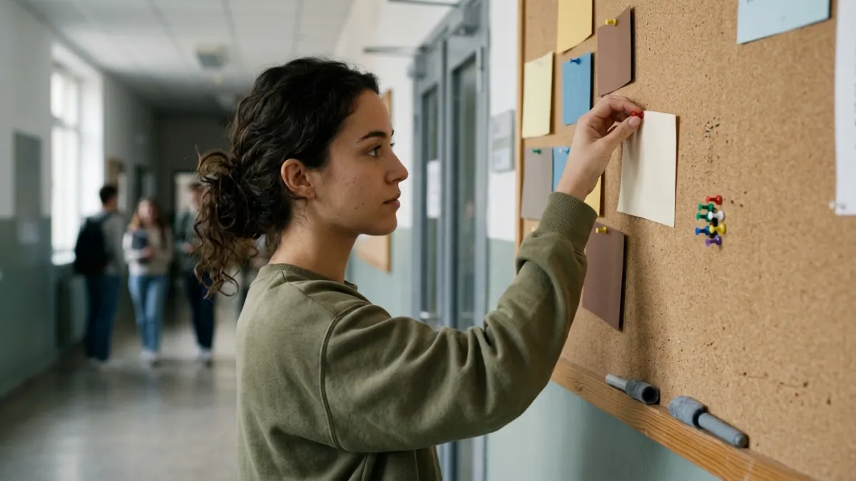 Graduate student organizing blank cue cards on a cork board to plan an ai answer generator workflow.