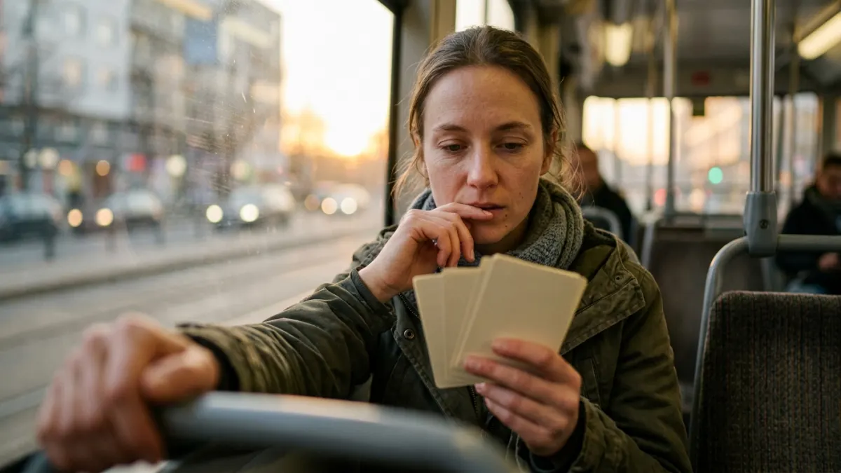 Commuter rehearsing with blank cue cards on a tram while refining an ai answer generator response.