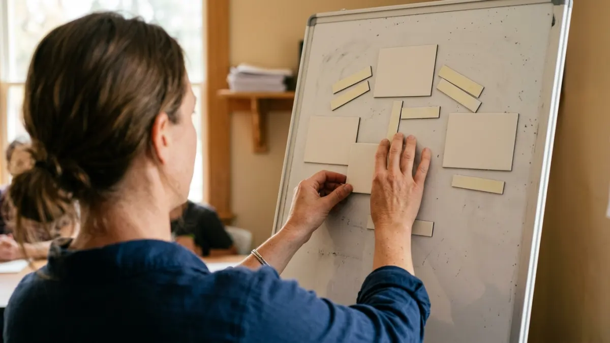 Facilitator arranging blank tiles for an html to markdown converter process in a learning room.