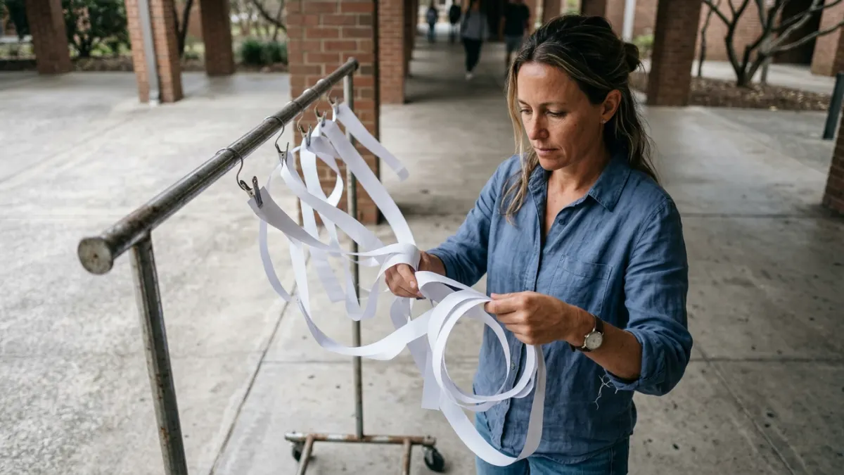 Writer untangling paper strips to show html to markdown converter cleanup before publishing.