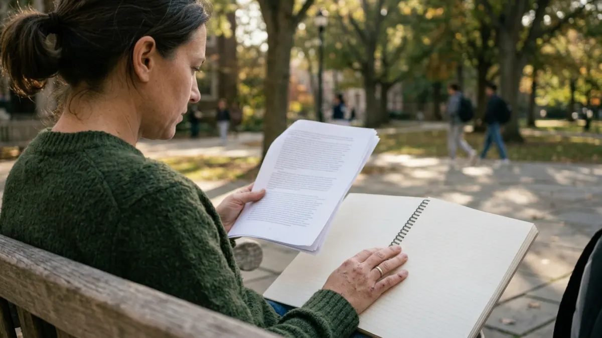 Learner checks loose printed pages outside before using a pdf to markdown converter.