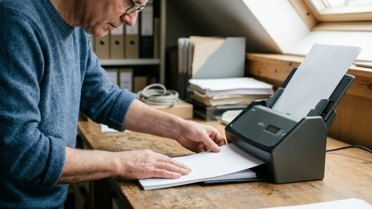 Archive volunteer scans paper pages during a pdf to markdown converter process.