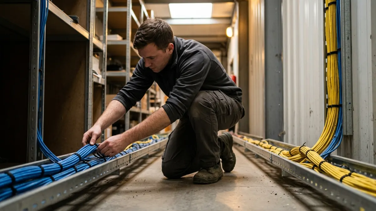 Technician organizing color-coded network cables in a server room, representing sitemap URL routing checks