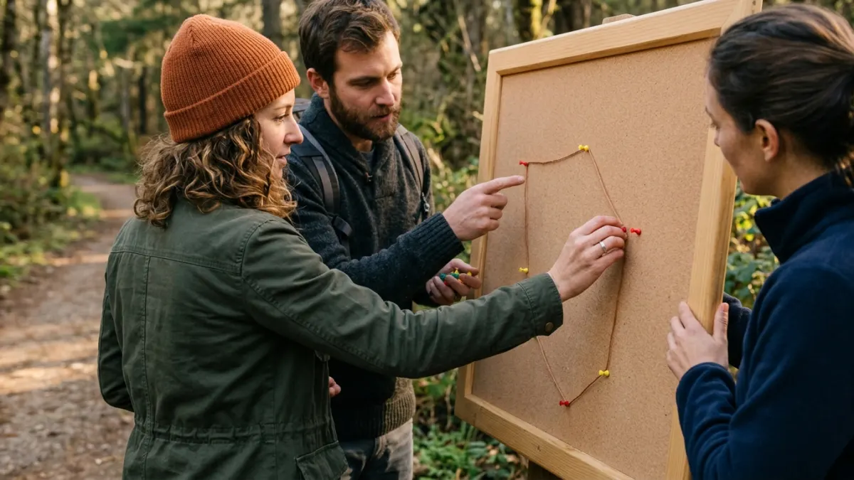 Team marking connected points on an outdoor board, representing added and removed sitemap URL paths