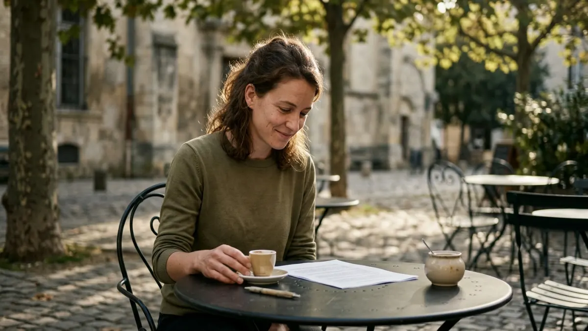Freelancer reviewing a printed email reply at a sunlit outdoor cafe terrace, matching the free AI email generator theme of calm productive communication.