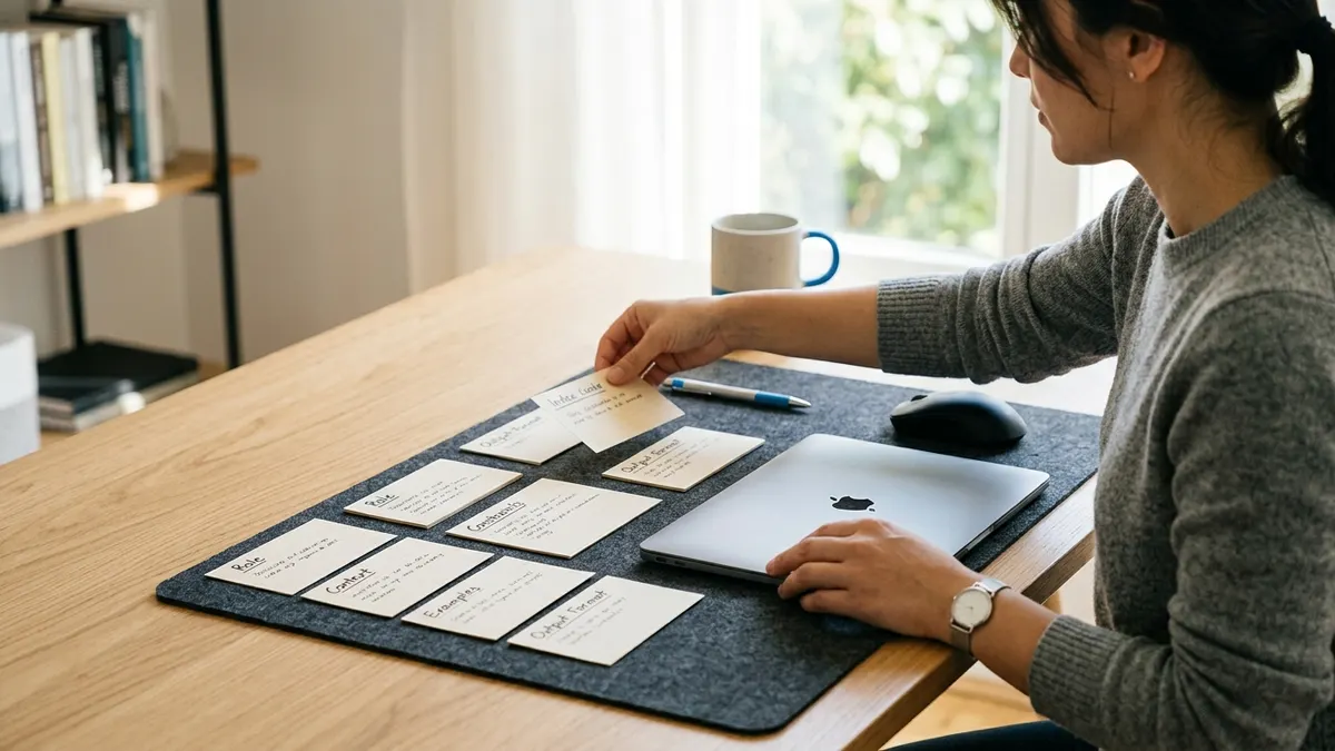 Organized prompt optimization process with a laptop and planning cards