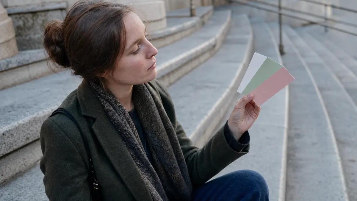 Student choosing tone cards for an AI reply generator draft outside a campus library.