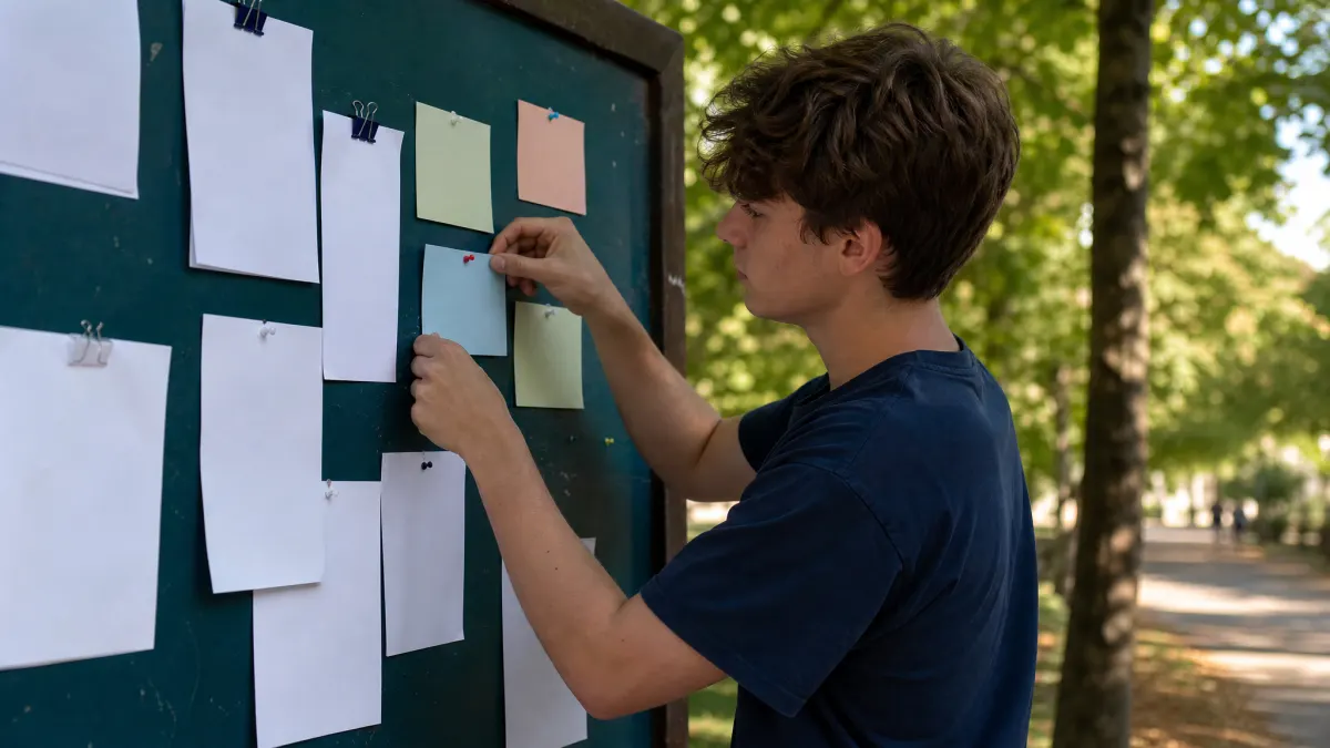 Student researcher checks chat with PDF answers on an outdoor source board.