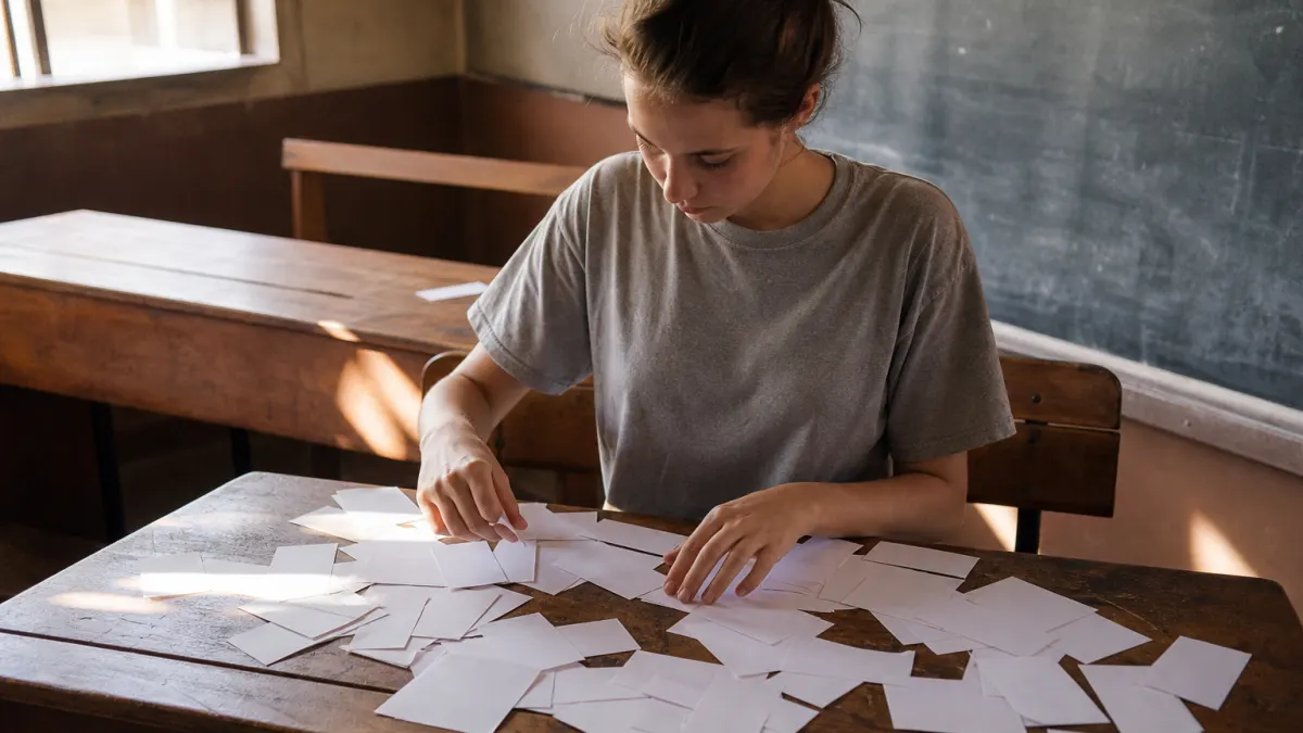 Student sorts scattered blank cards before a CSV to Markdown cleanup workflow.