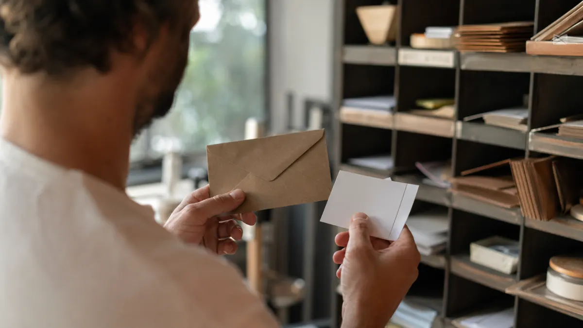 Freelancer checks blank contact cards before using an email signature generator.