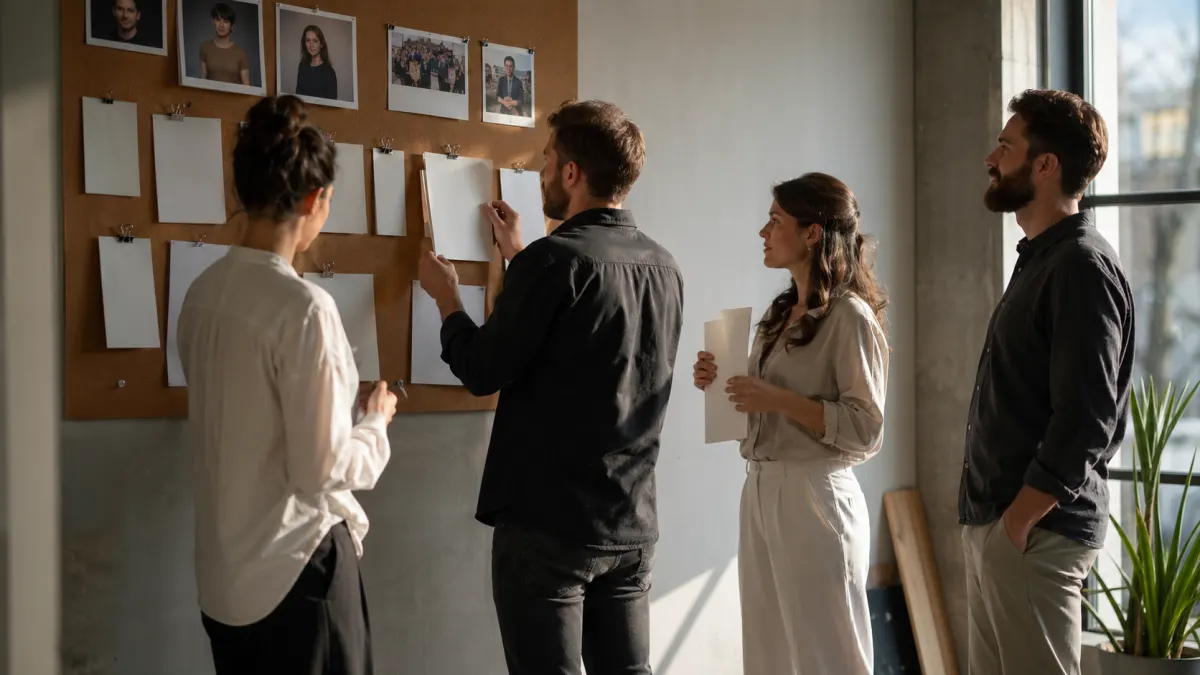 Creative team reviews stationery proofs for an email signature generator rollout.