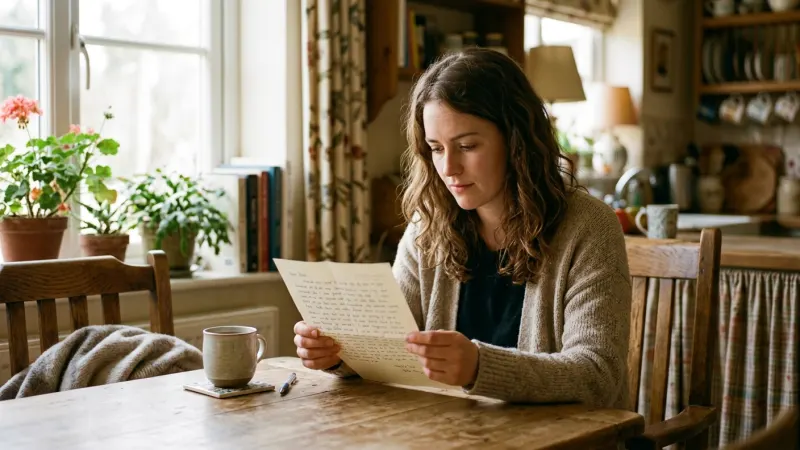 A person reading a printed letter at a kitchen table, natural lighting