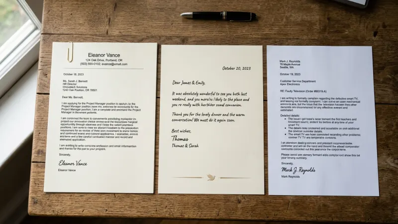 Three printed letters of different types on a wooden desk