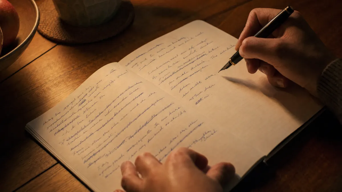 Hands drafting blog title formulas in a paper notebook with crossed-out ink edits under warm evening lamp light