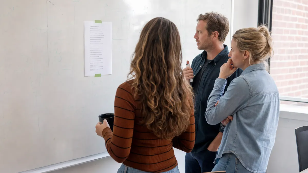 Three writers reviewing a printed blog title list pinned to a meeting room whiteboard in mid-morning daylight