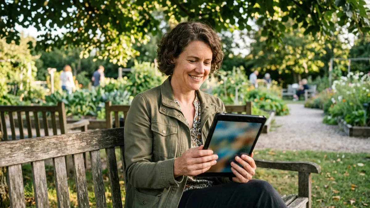 Marketing professional sitting on a garden bench holding a tablet, warm afternoon sunlight through trees, satisfied expression representing successful website audit results