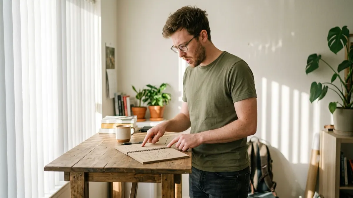 Freelance web developer standing at a wooden desk pointing at notebook with audit notes, morning light through blinds, illustrating the process of using free SEO tools