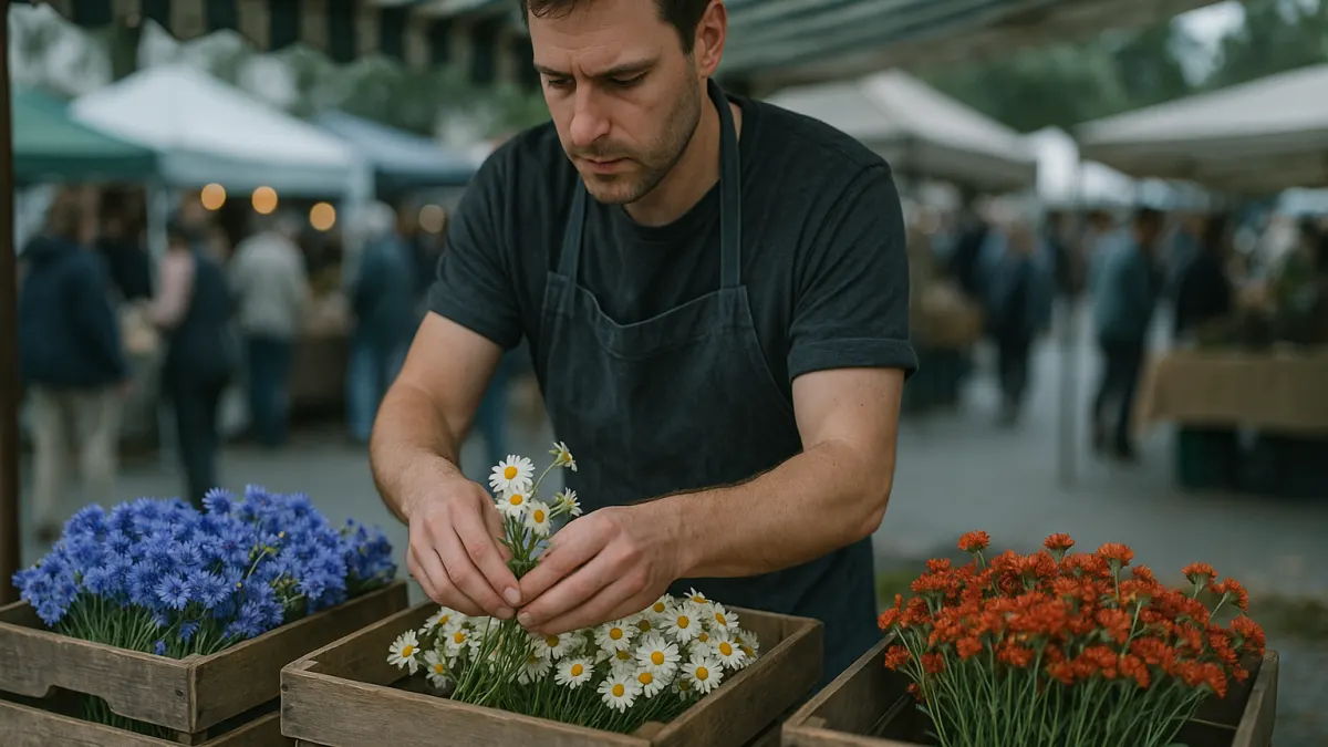 Vendor sorts wildflowers into three crates by color, mirroring how free SEO tools cluster keyword intents.