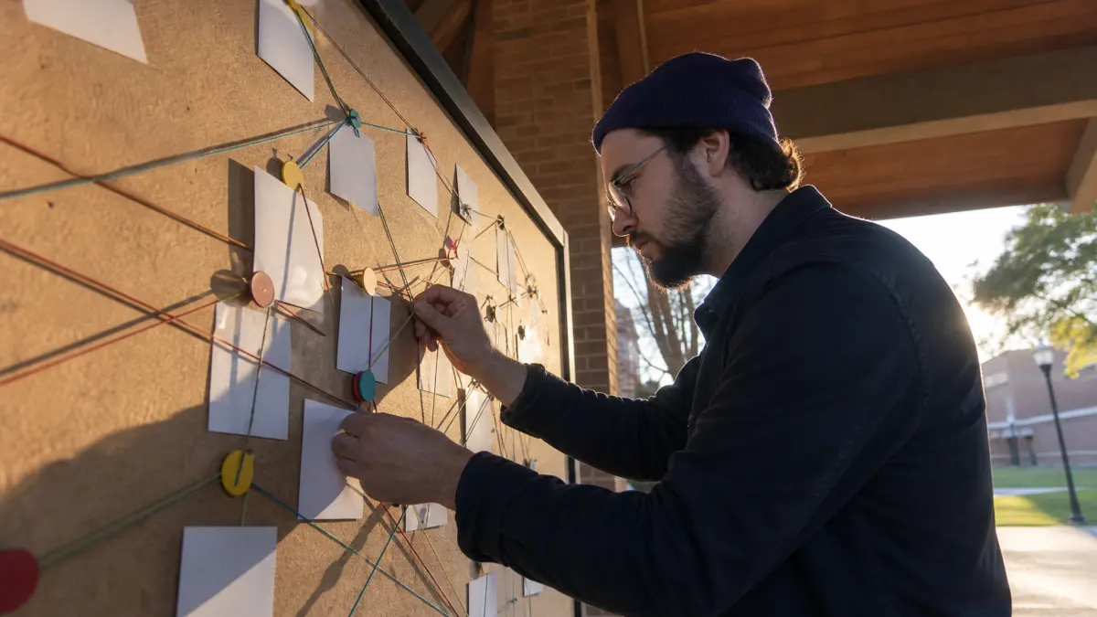 Editor links blank cluster cards for a keyword clustering tool map outdoors.