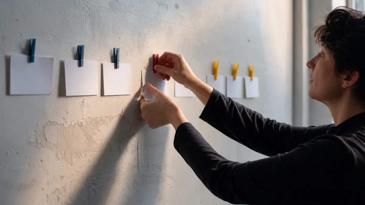 Technical writer moves blank cards through a paste to Markdown process flow.
