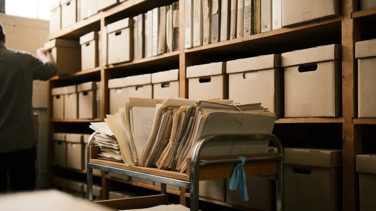 Archive cart of paper drafts showing rtf to markdown conversion problems before cleanup