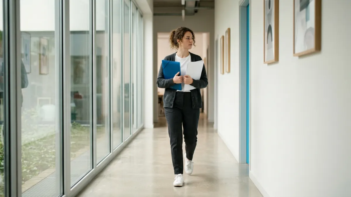 Person carrying a blue folder through a hallway for an rtf to markdown workflow