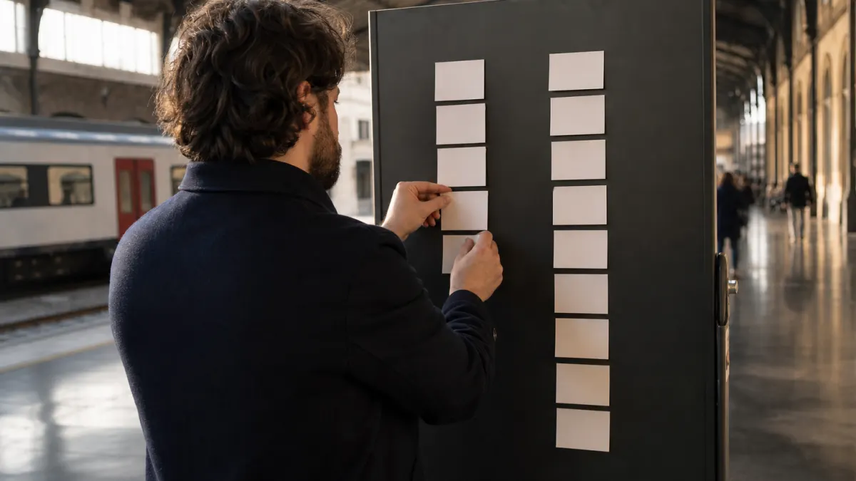 Writer compares clean webpage to markdown output using two columns of blank cards.