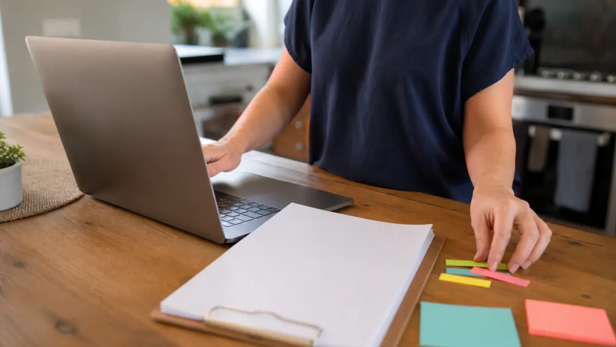 Business owner organizes blank audit tabs after a website crawler online check.