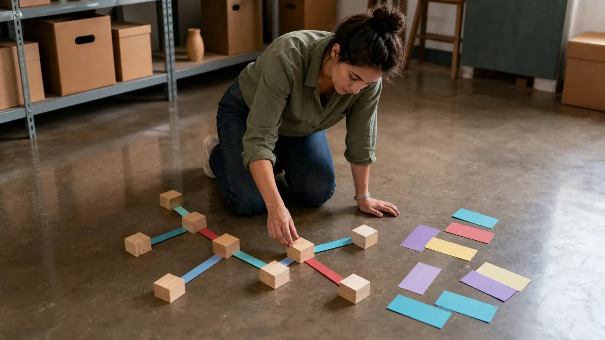 Content editor organizes xml sitemap generator crawl steps with blank blocks in a workshop.