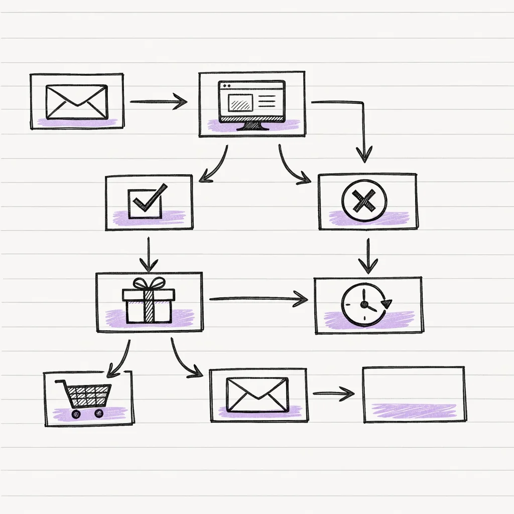 Handgetekend workflow diagram van een AI e-mail marketing sequence: van productbeschrijving naar volledige campagne
