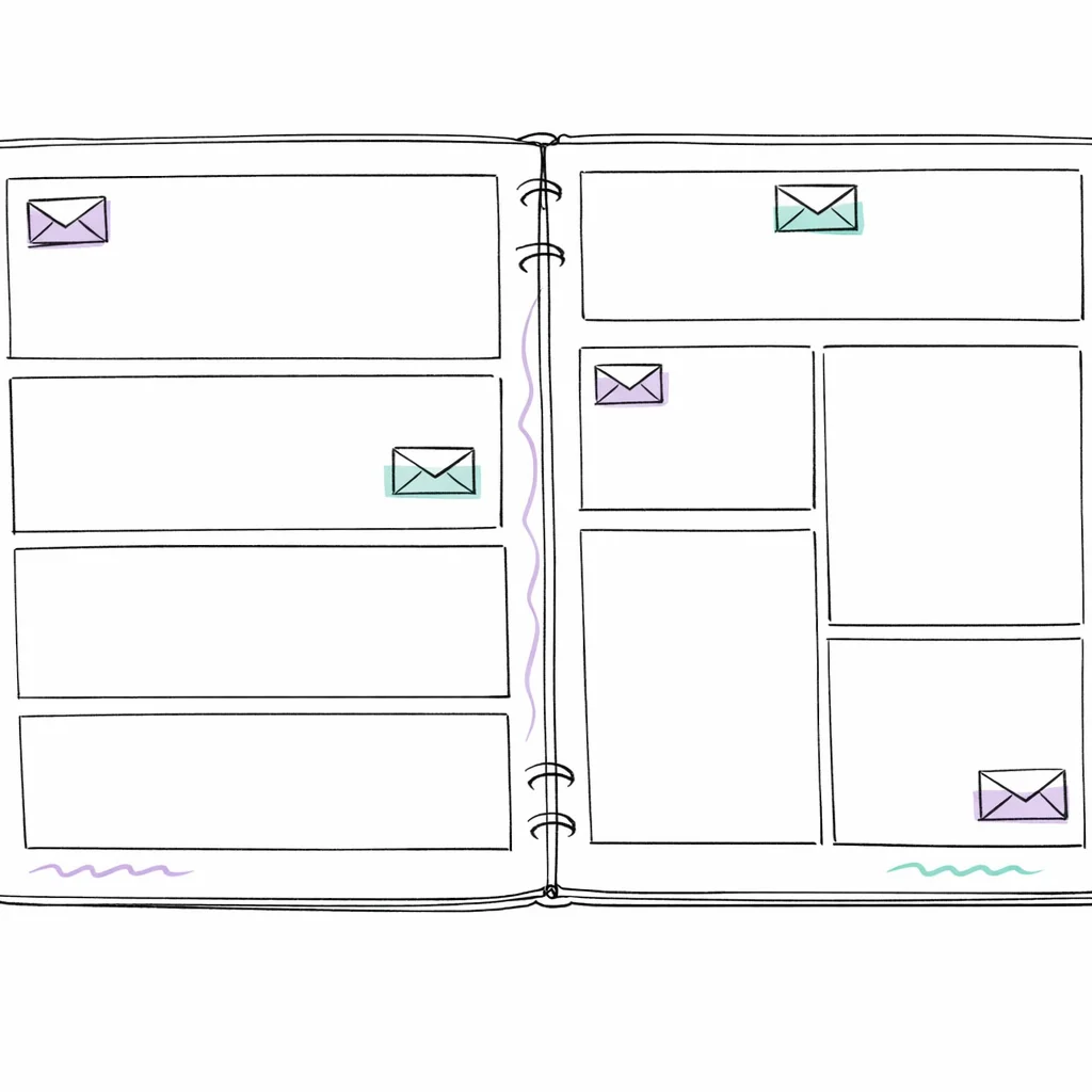 Handgetekende e-mail campagne kalender met verzenddata, A/B test planning en follow-up momenten
