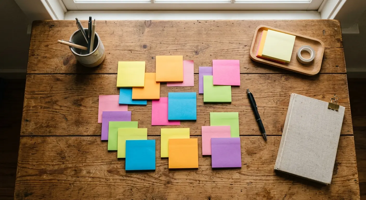 Colorful sticky notes arranged on a wooden desk for creative brainstorming and idea generation