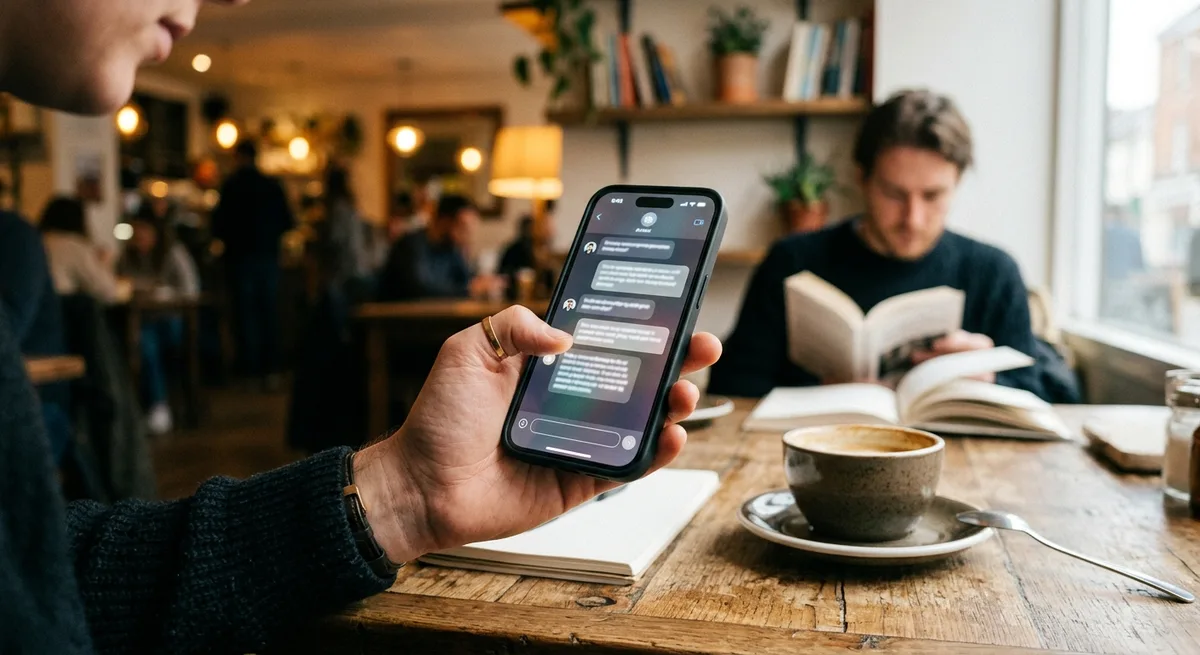 Person holding a smartphone with AI chat interface in a casual coffee shop setting