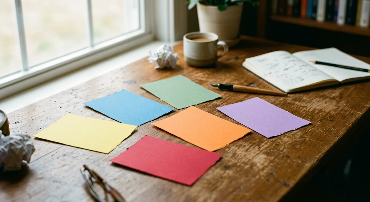 Six different colored cards on a desk representing answer styles: concise, detailed, ELI5, step-by-step, formal, friendly