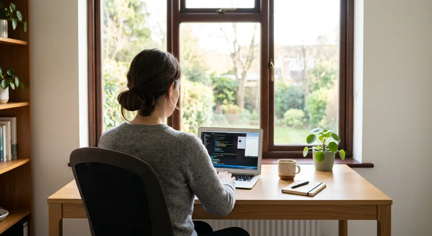 Person working at a clean modern desk with natural morning light, calm and focused workspace