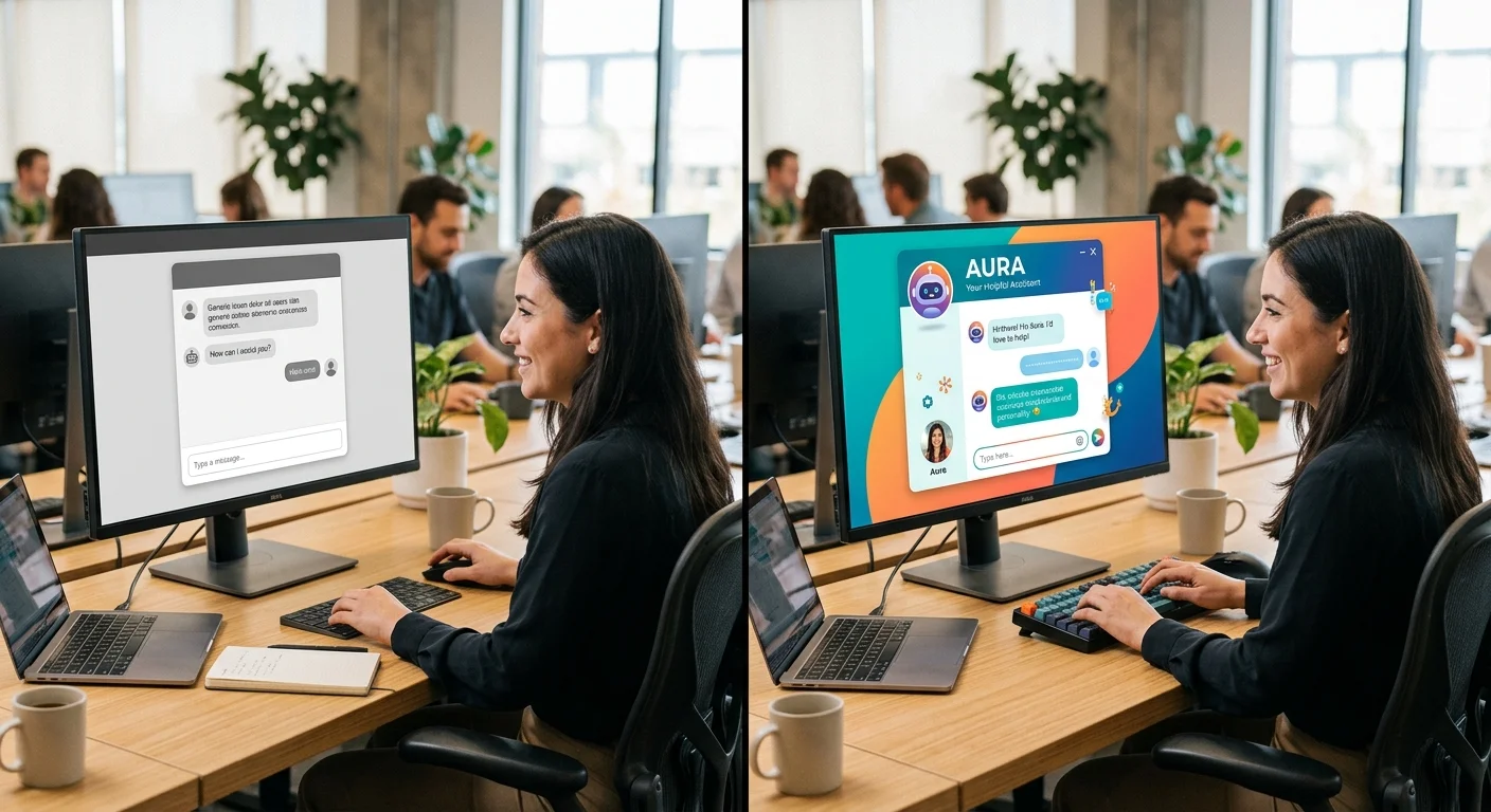 Person brainstorming AI chatbot names on a laptop with sticky notes and a coffee cup nearby