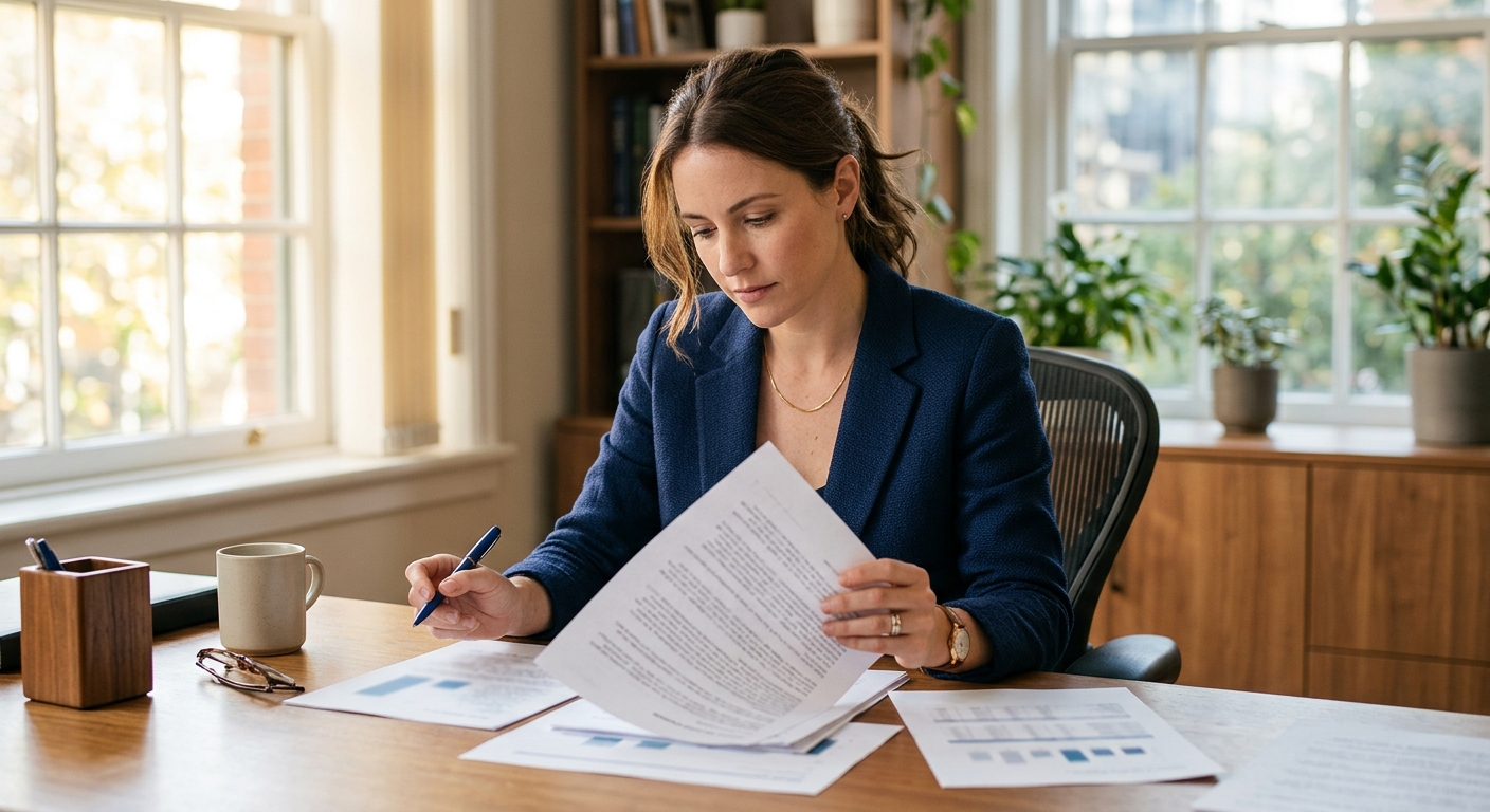 Person reviewing documents at a desk, checking content authenticity