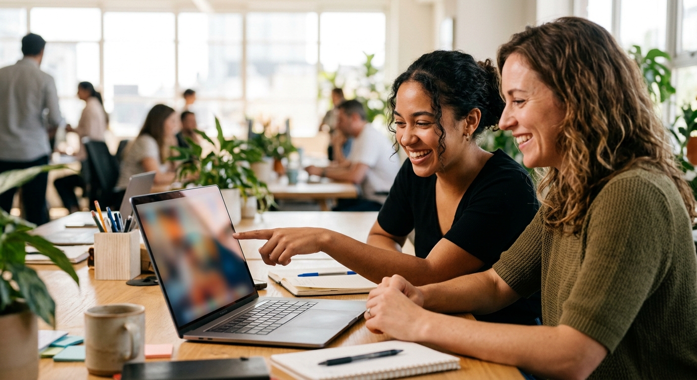 Colleagues reviewing digital content together in a modern office