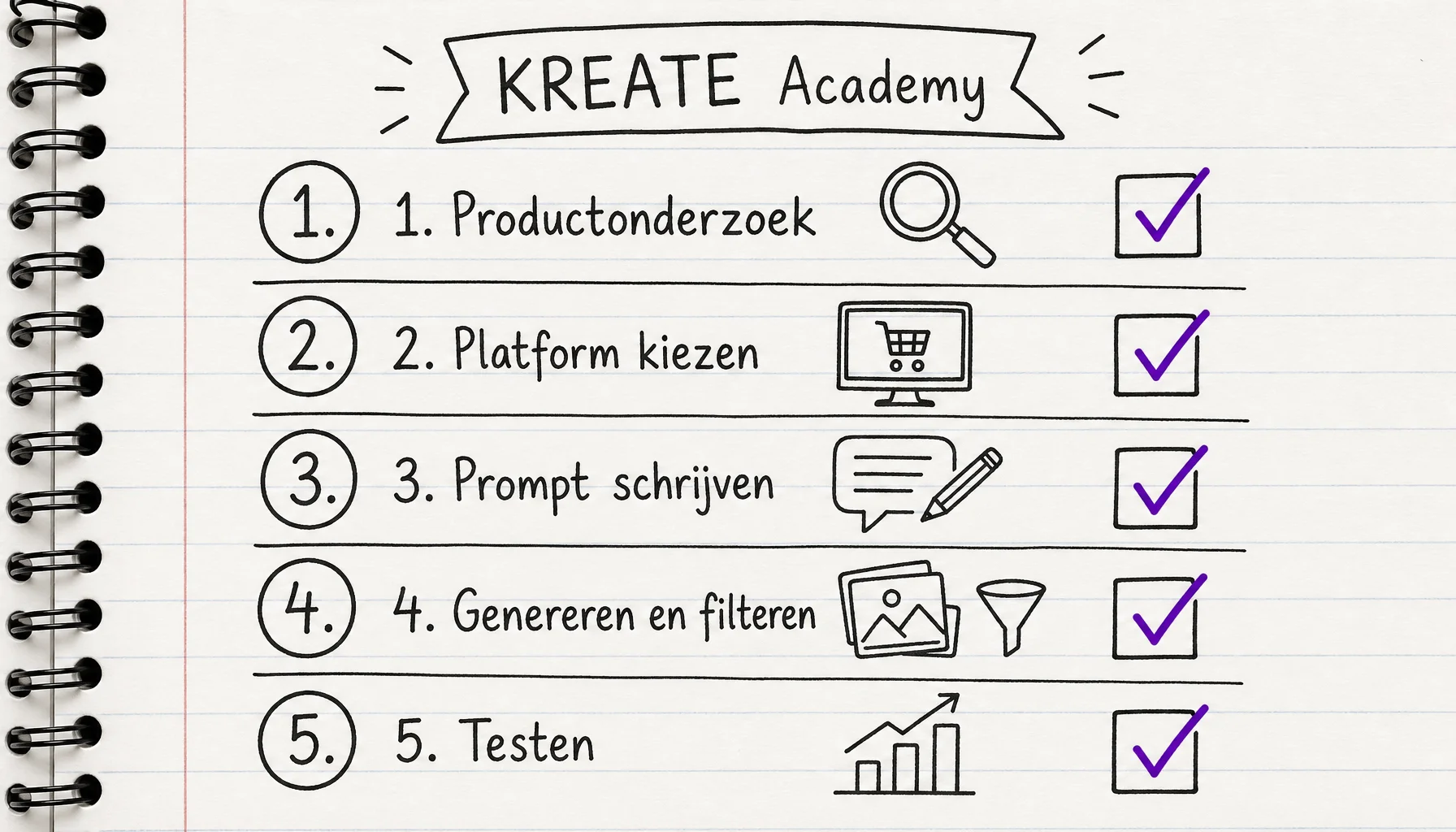 Overzicht van vijf diagramtypen: flowchart, vergelijkingstabel, tijdlijn, concept map en organigram