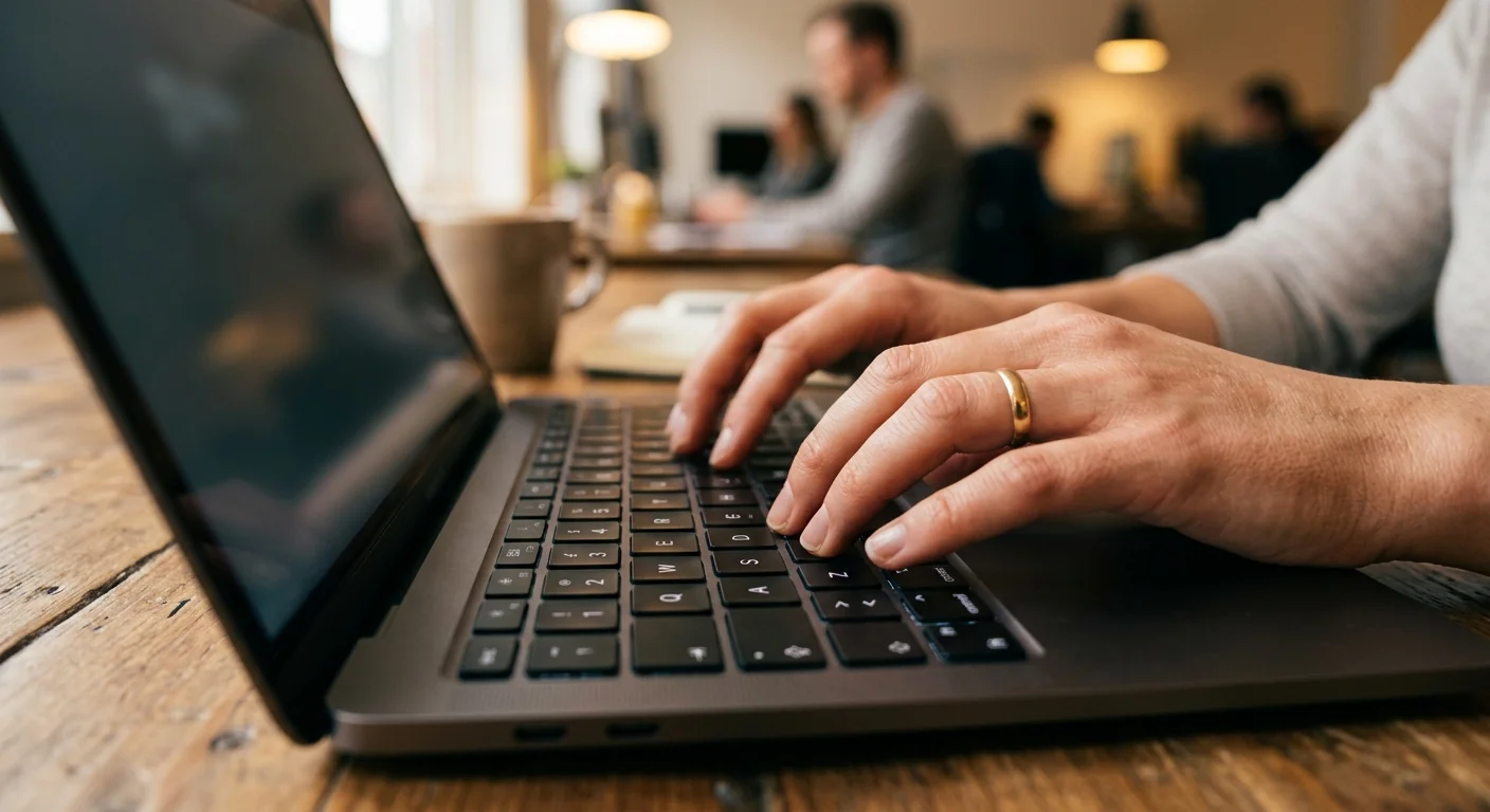 Hands typing on laptop keyboard in warm office lighting