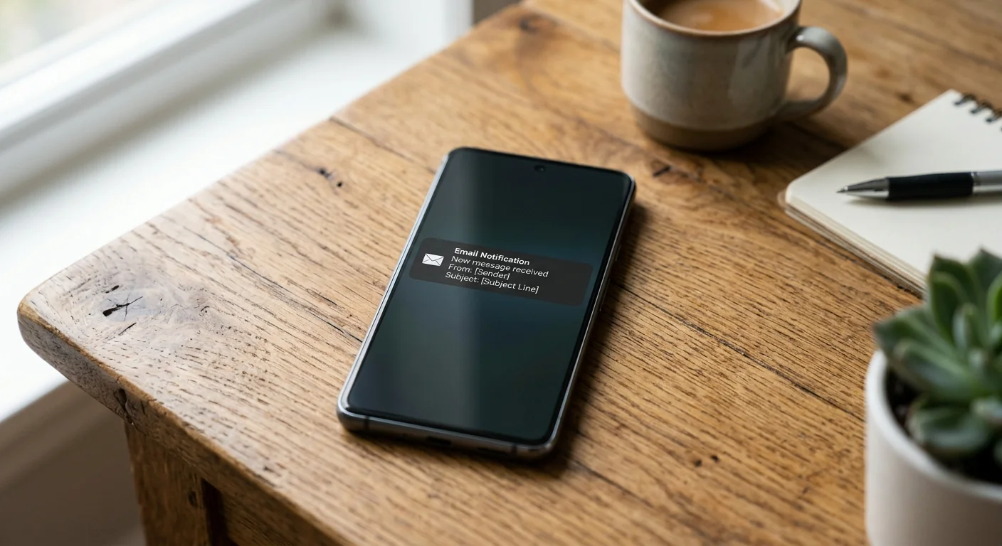 Smartphone with email notification on wooden desk