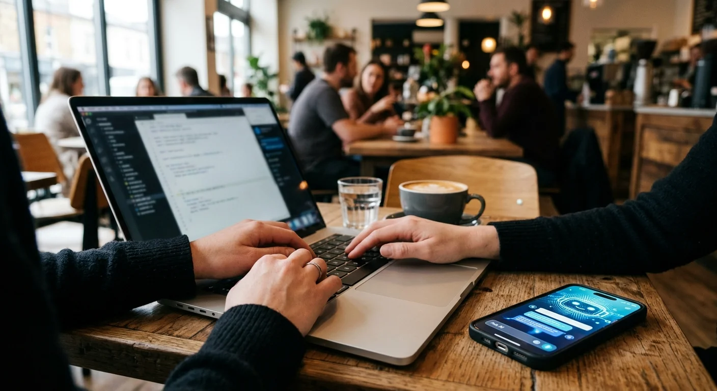 Person typing on laptop in coffee shop, AI writing workspace