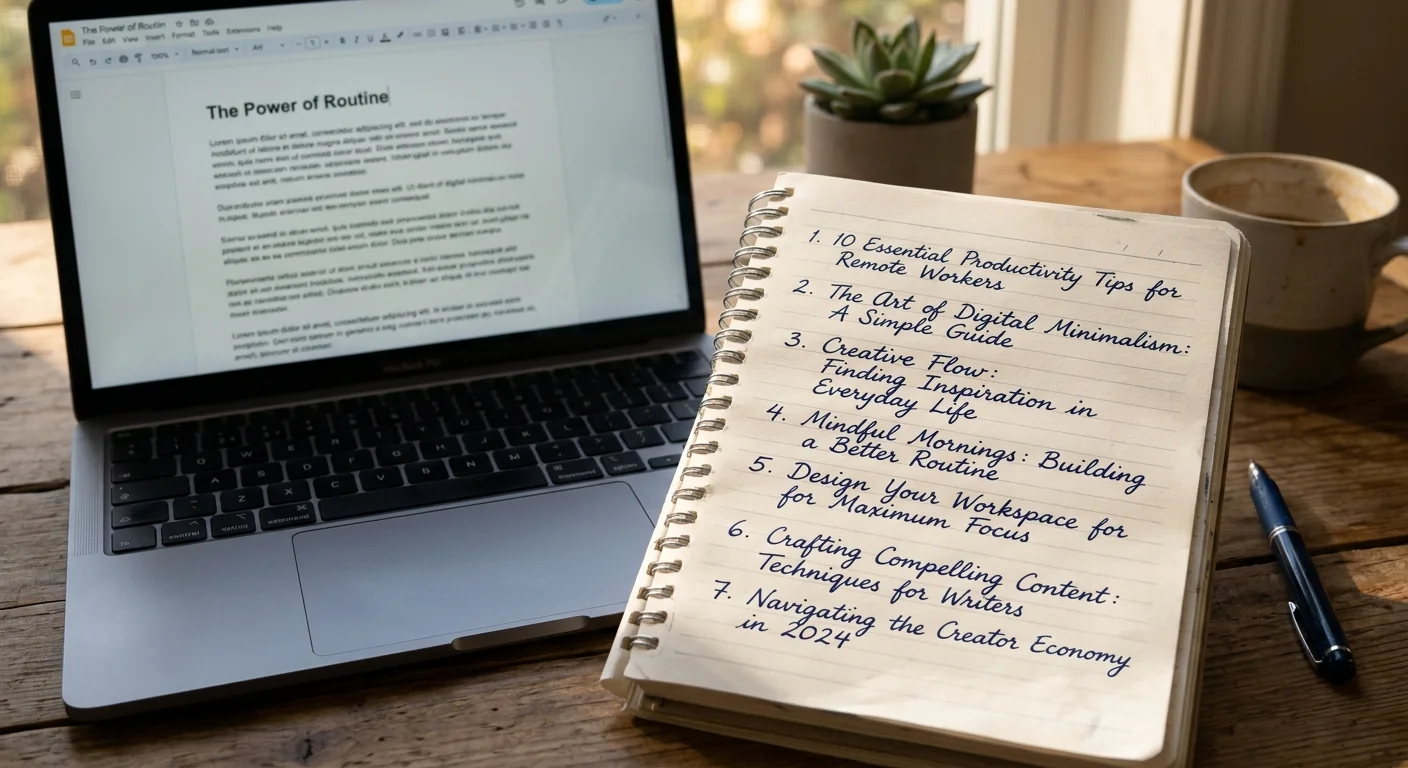 Notebook with blog title ideas in pen next to a laptop